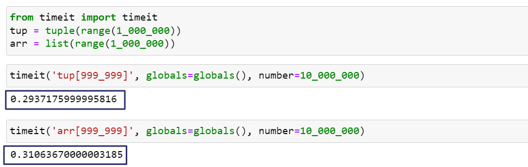 Python tuple speed. Timeit methods.