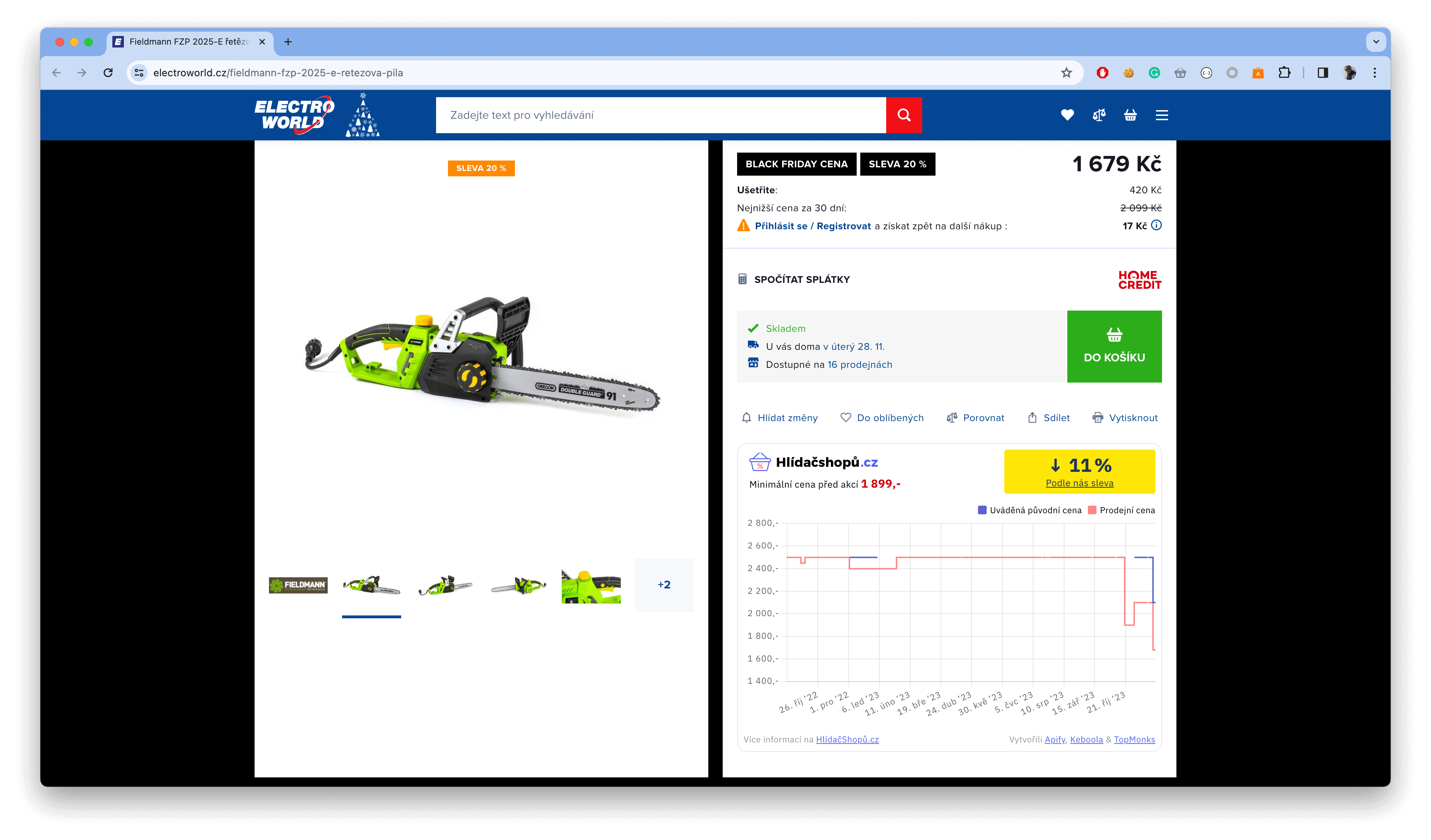 Špatně uvedená minimální cena před Black Friday u řetězové pily u Elektroworldu