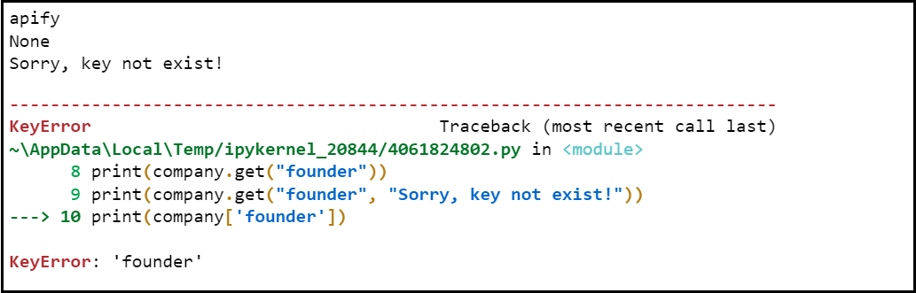 Python dictionary Get method – example of code result