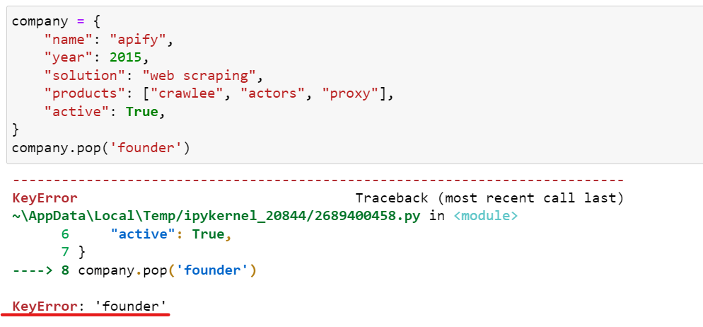 Python dictionaries Pop method – example of error
