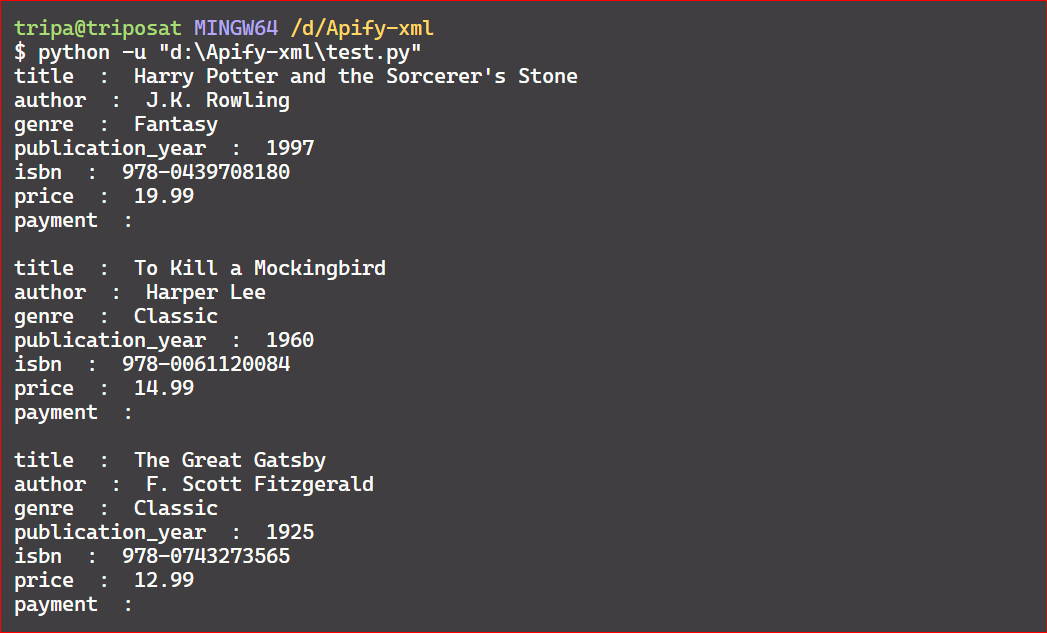 parse XML in Python - code output from accessing all elements of book tag
