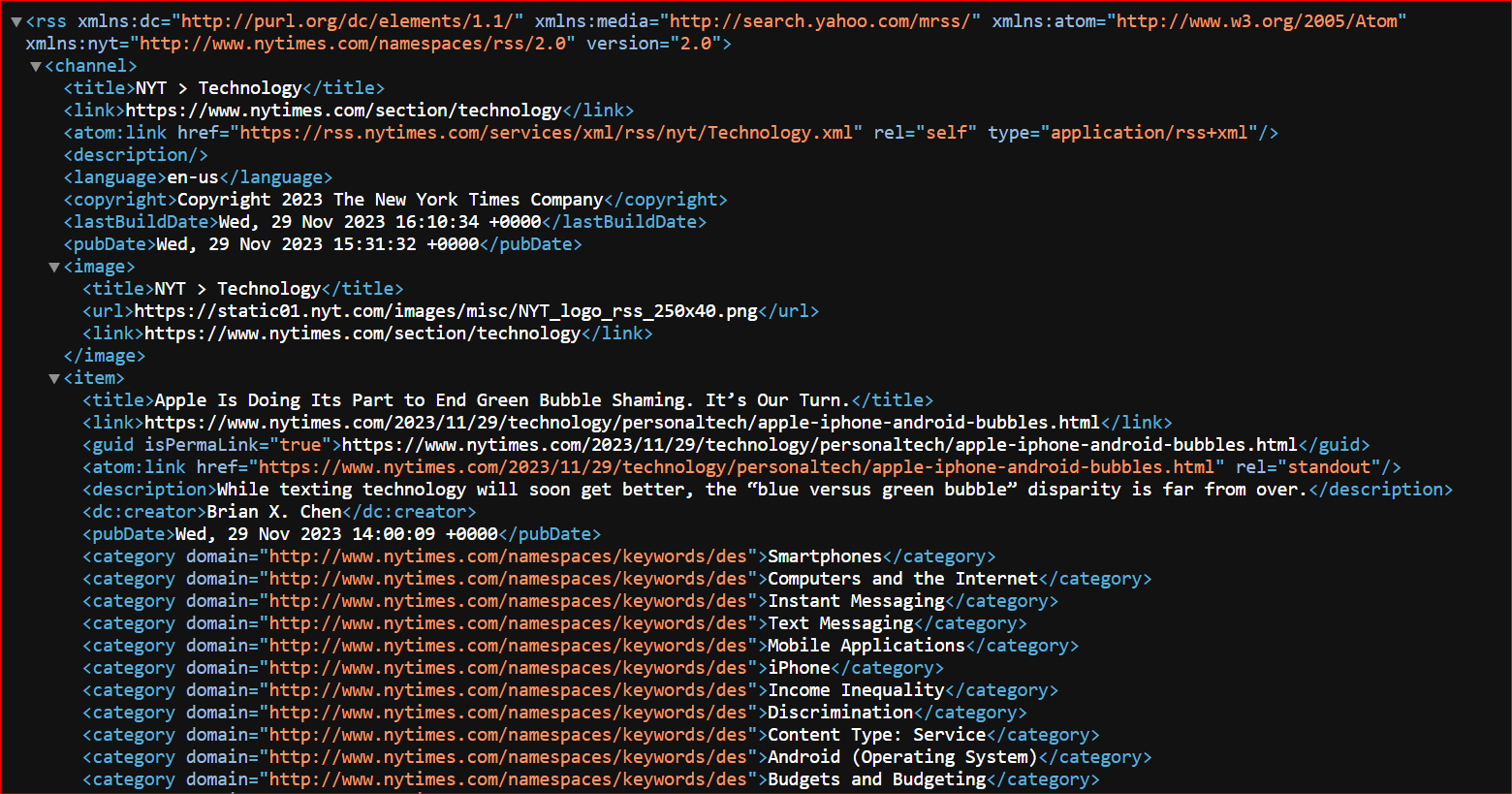 parse XML in Python - snapshot of New York Times RSS feed