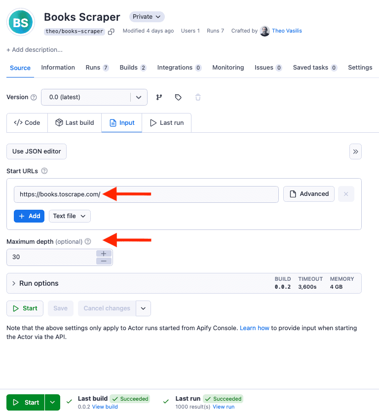 Adjust input in Actor after deploying scraper to Apify