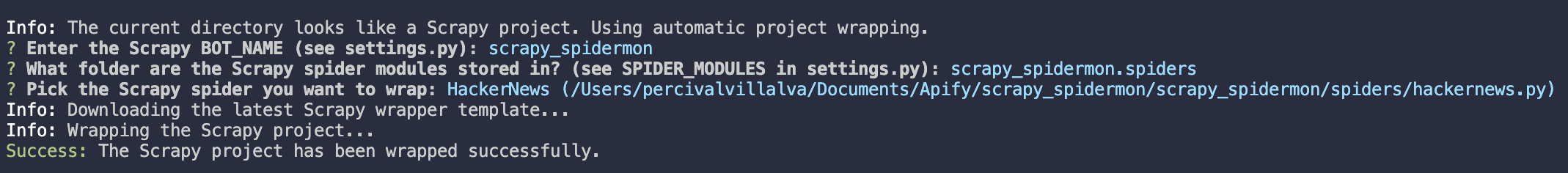 Migrating Scrapy spider to Apify. On-screen instructions in terminal.