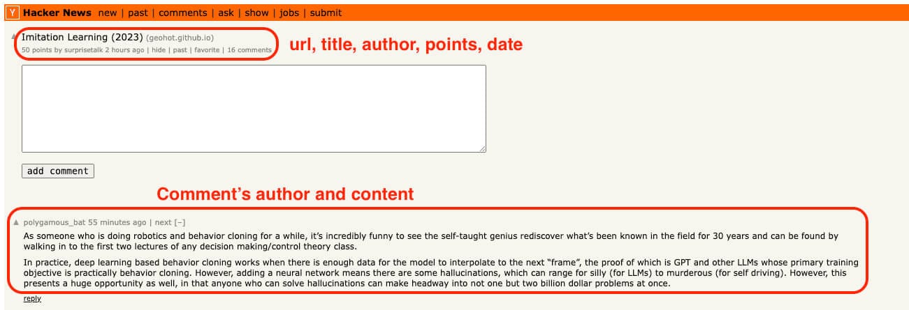 Extracting url, title, author, points, date, and comments from Hacker News