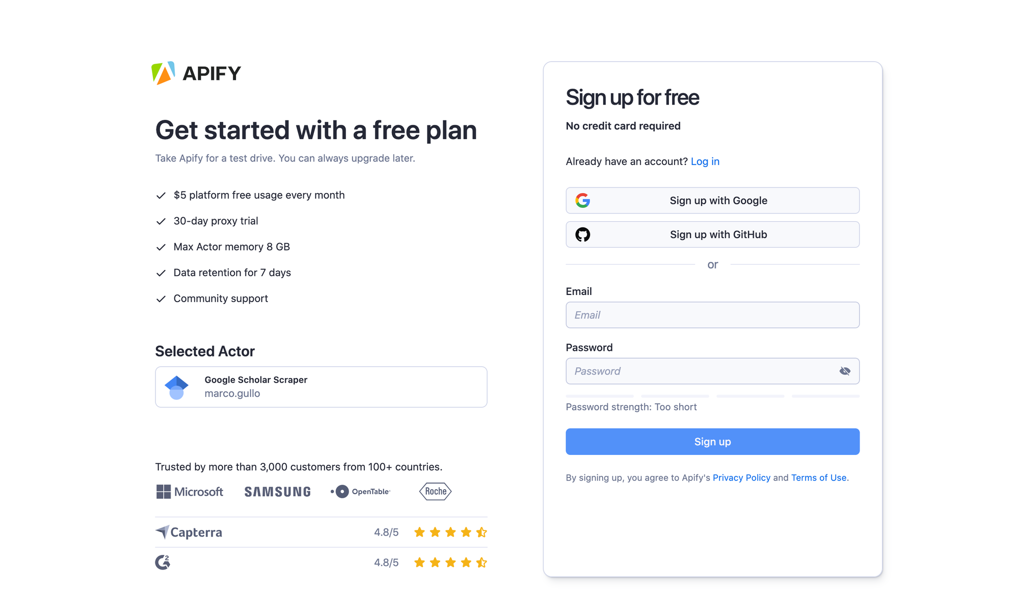 Sign up for free using on the Apify Console