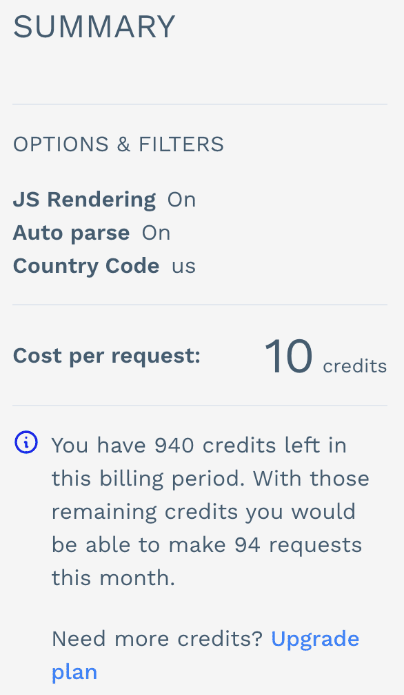 ScraperAPI credit consumption