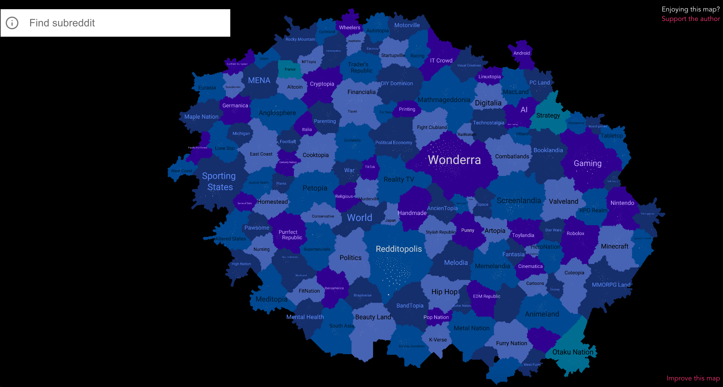 A visualized map of all subreddits grouped according to topics and size