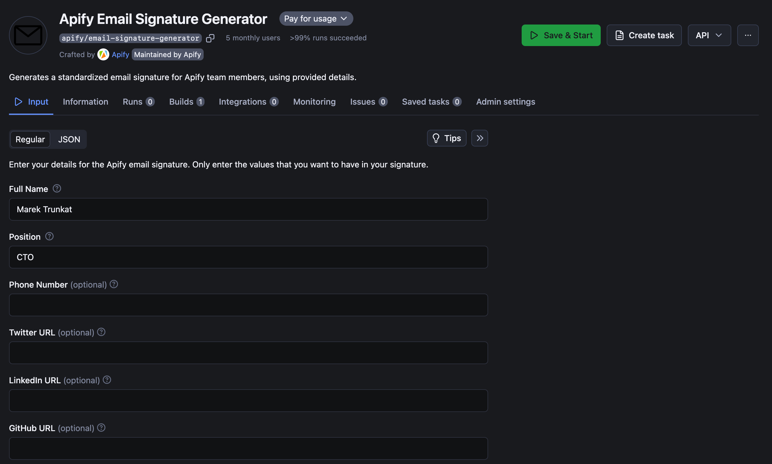 Email signature generator's user interface