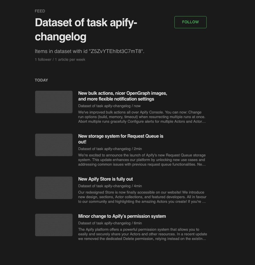 Create an RSS feed from a website. Task dataset