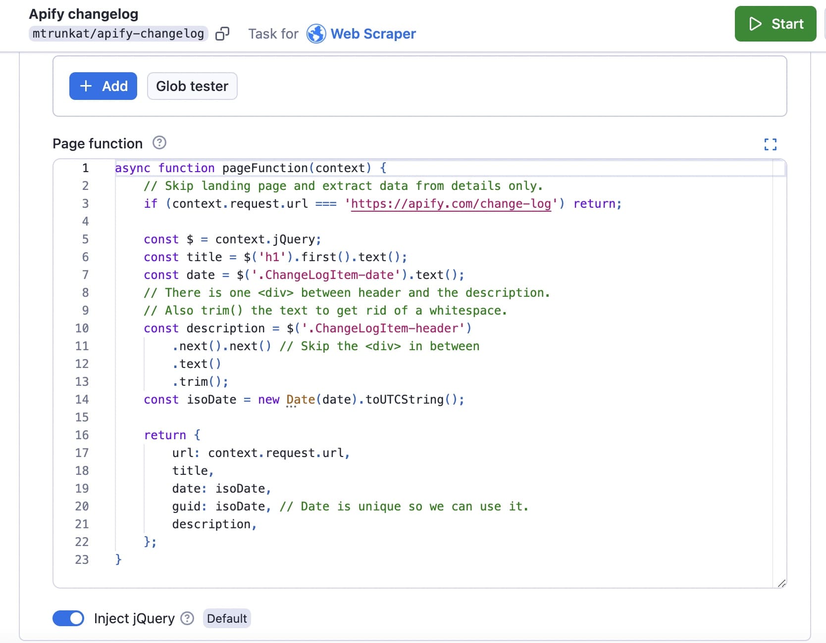 Create an RSS feed from a website. Step 4. Create a page function to extract data