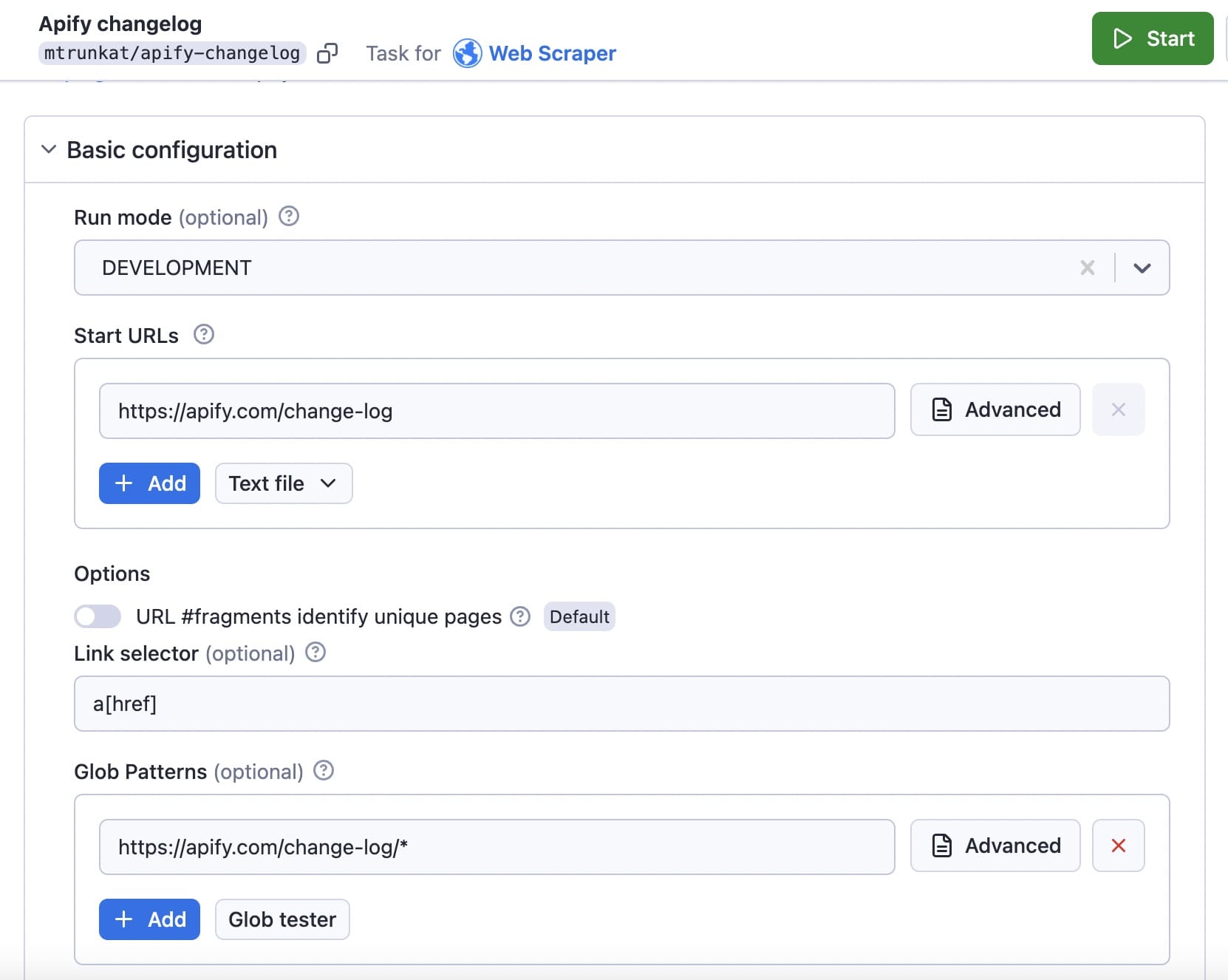 Create an RSS feed from a website. Step 3. Insert Start URL and Glob pattern