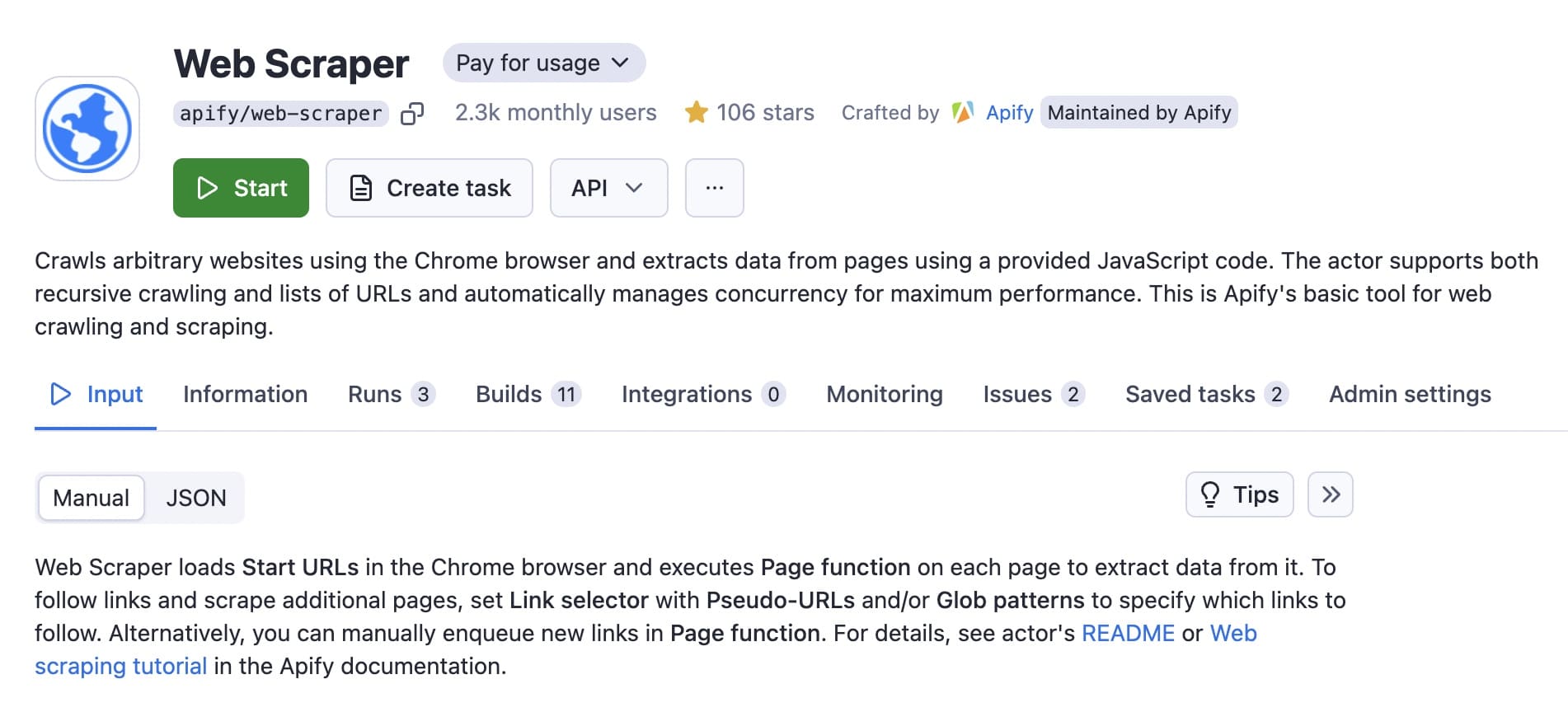 Go to Web Scraper in Apify Console to create an RSS feed from a website