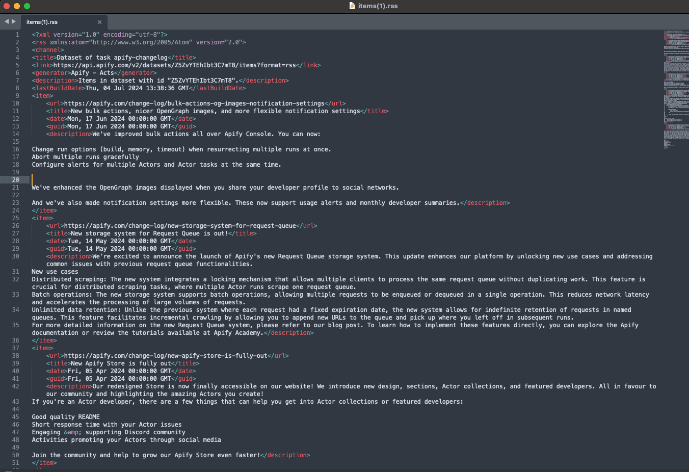 Create an RSS feed from a website. Dataset from Web Scraper run