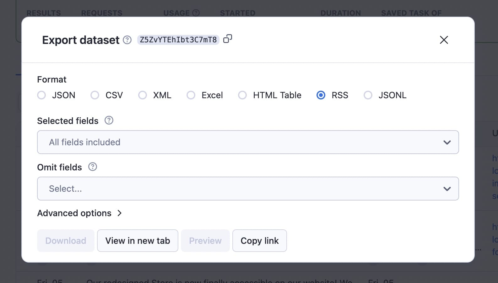 Create an RSS feed from a website. Export dataset in multiple formats