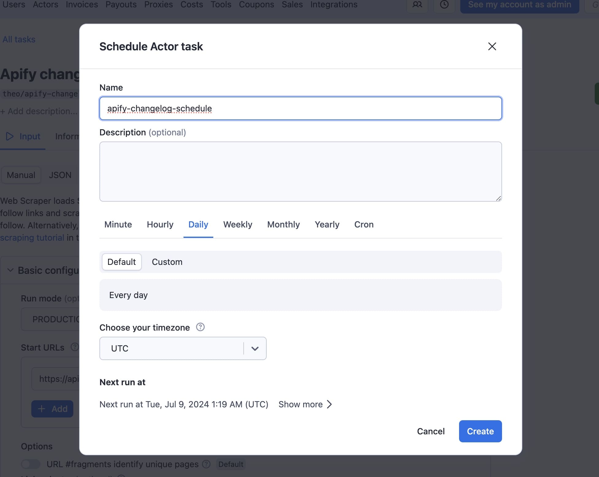 :Create an RSS feed from a website. Schedule Actor task
