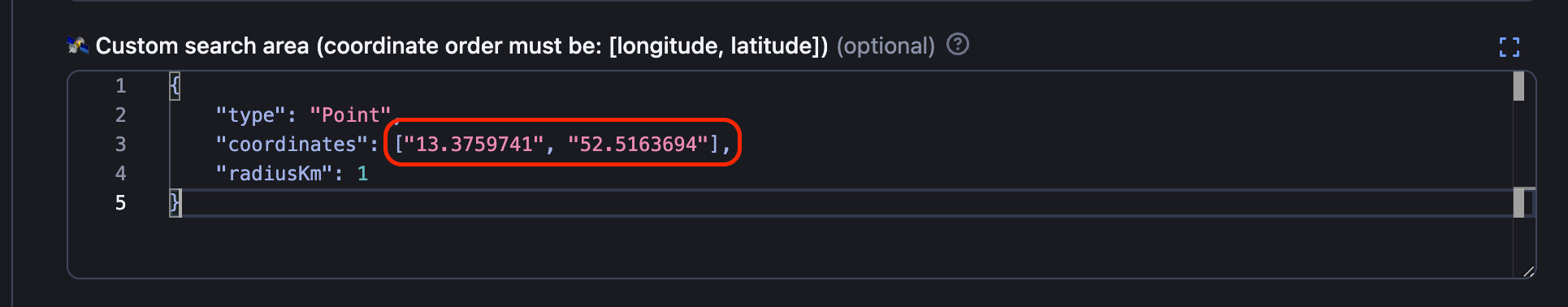Adding circle parameters in the Custom search area field