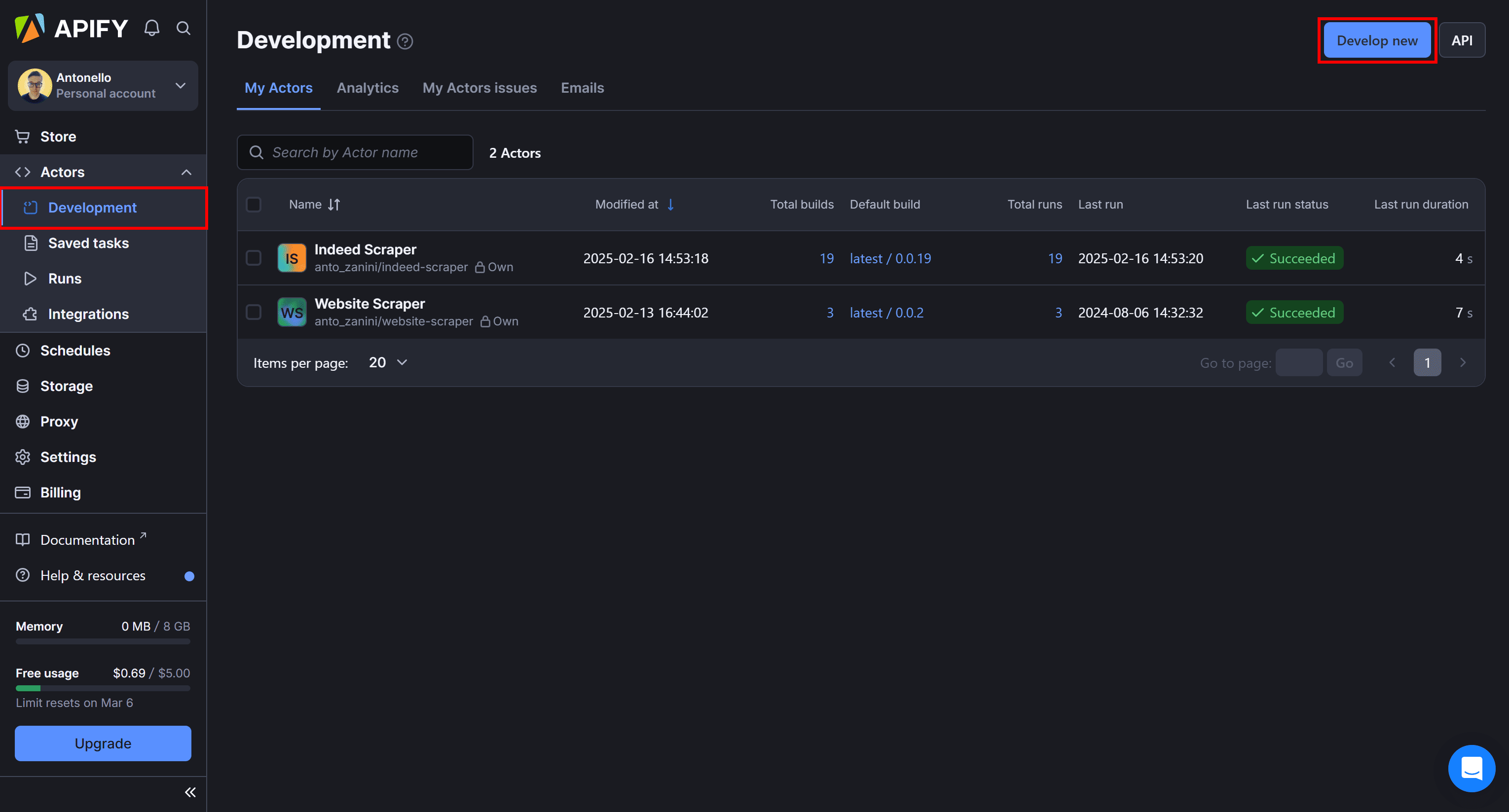 Pressing the “Develop new” button