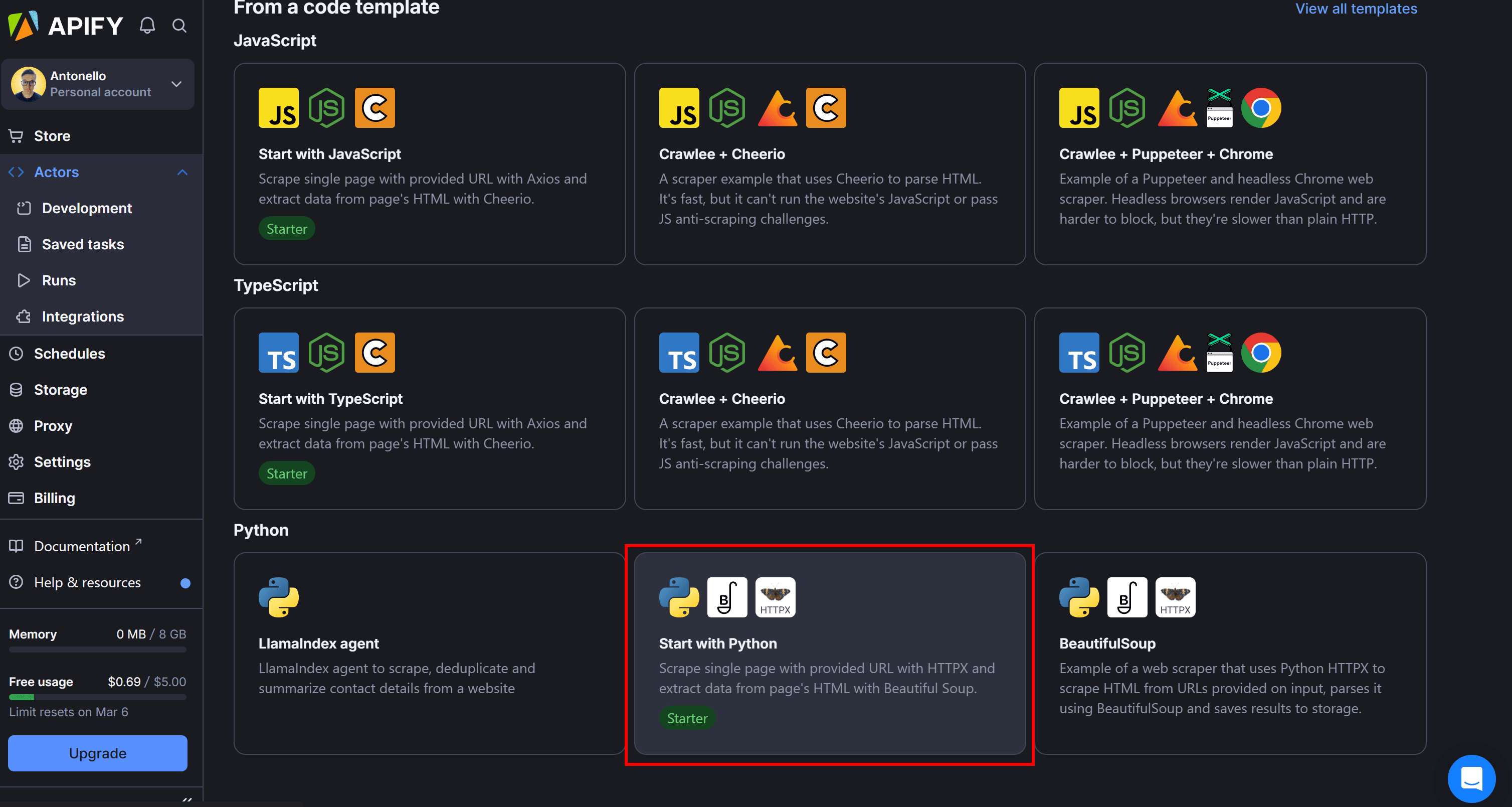 Selecting the “Start with Python” template