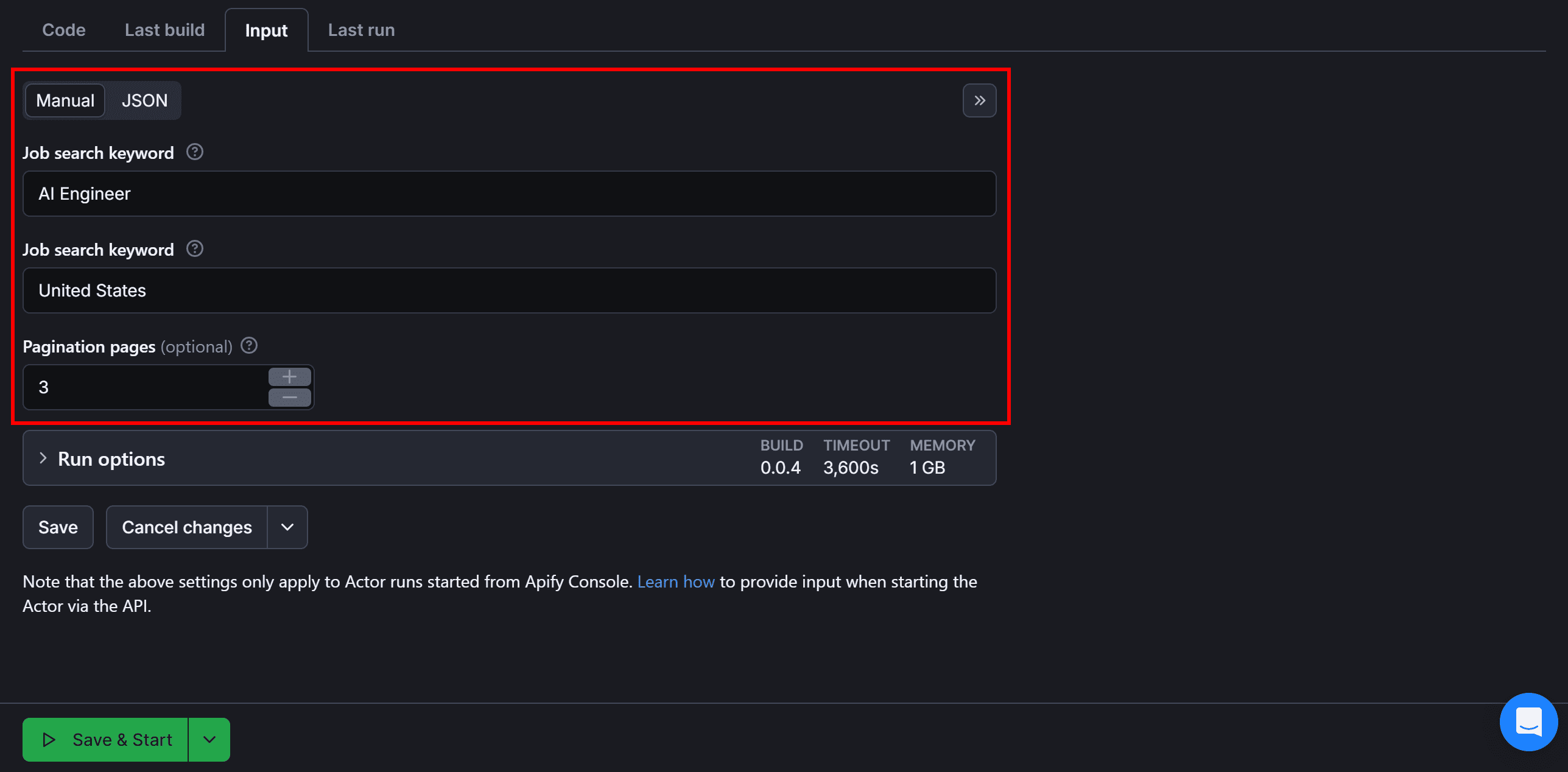 Filling out the Actor input 