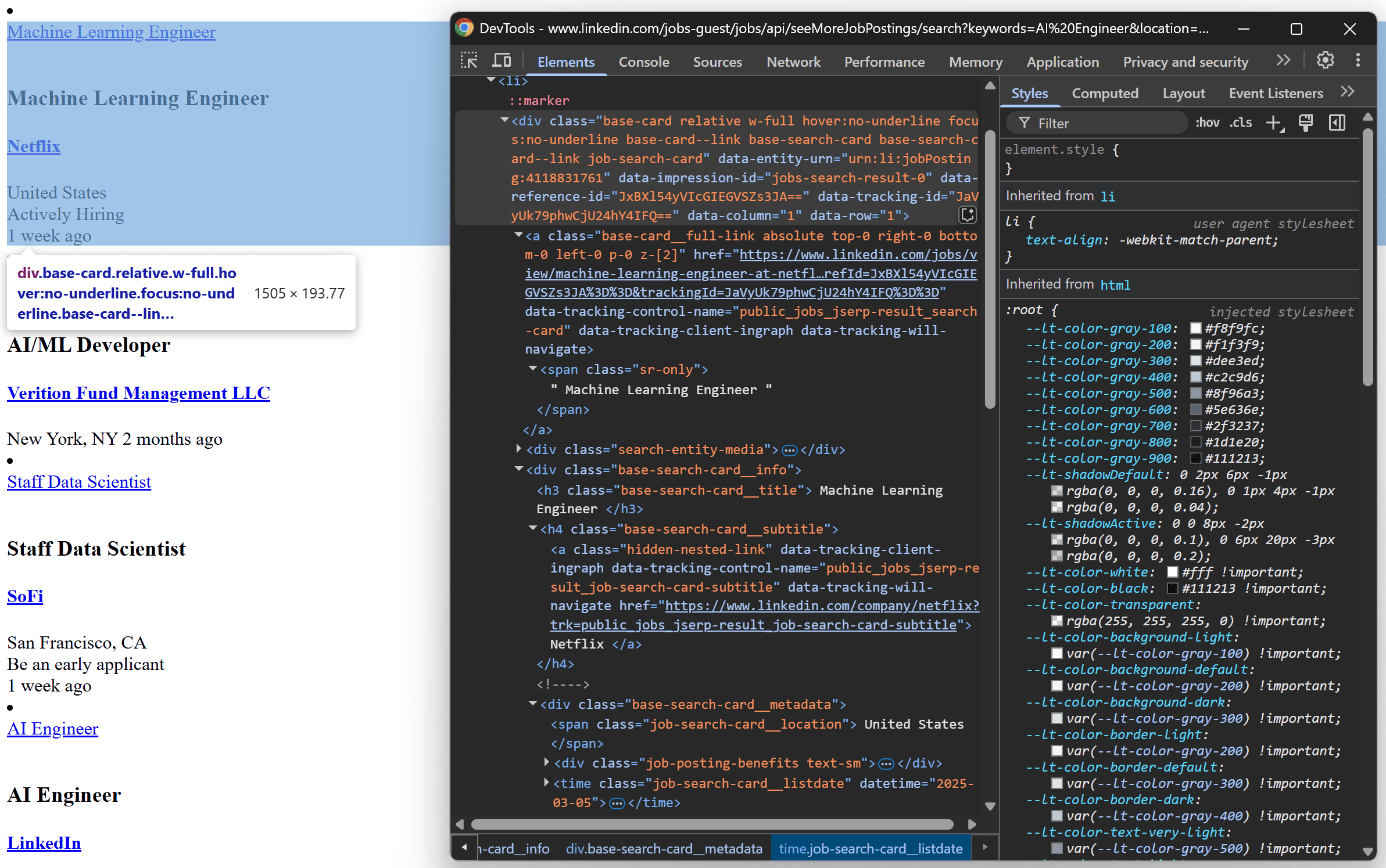 The HTML of the job posting element