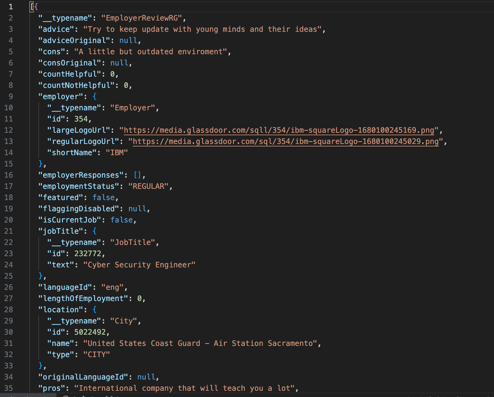 Exported results in JSON