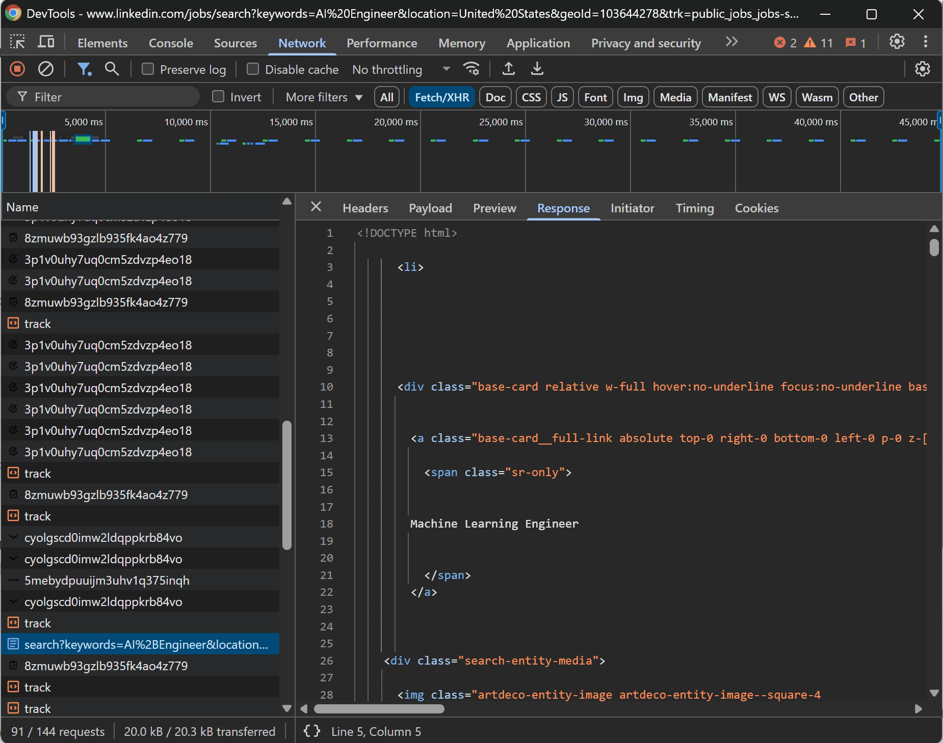 The response of the AJAX request