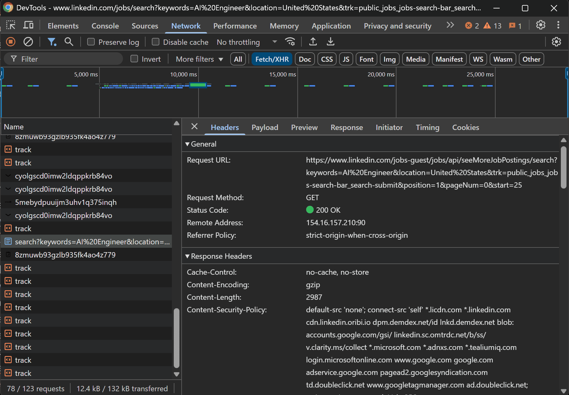 The AJAX request used by LinkedIn to retrieve data