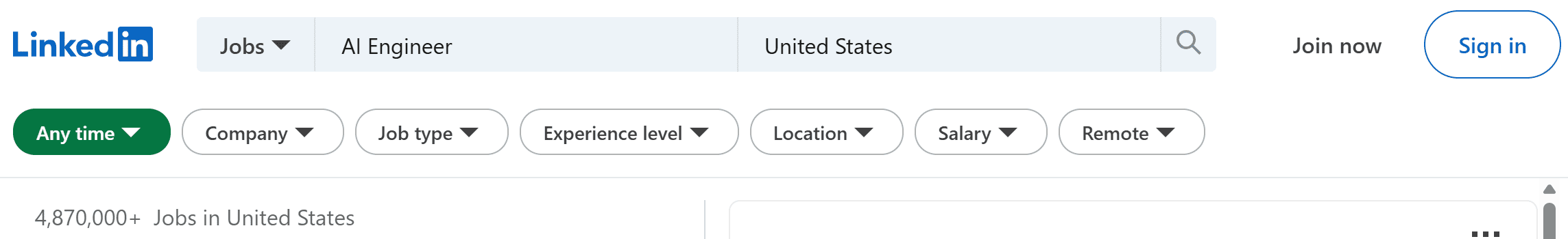 Searching for AI engineer job positions in the US