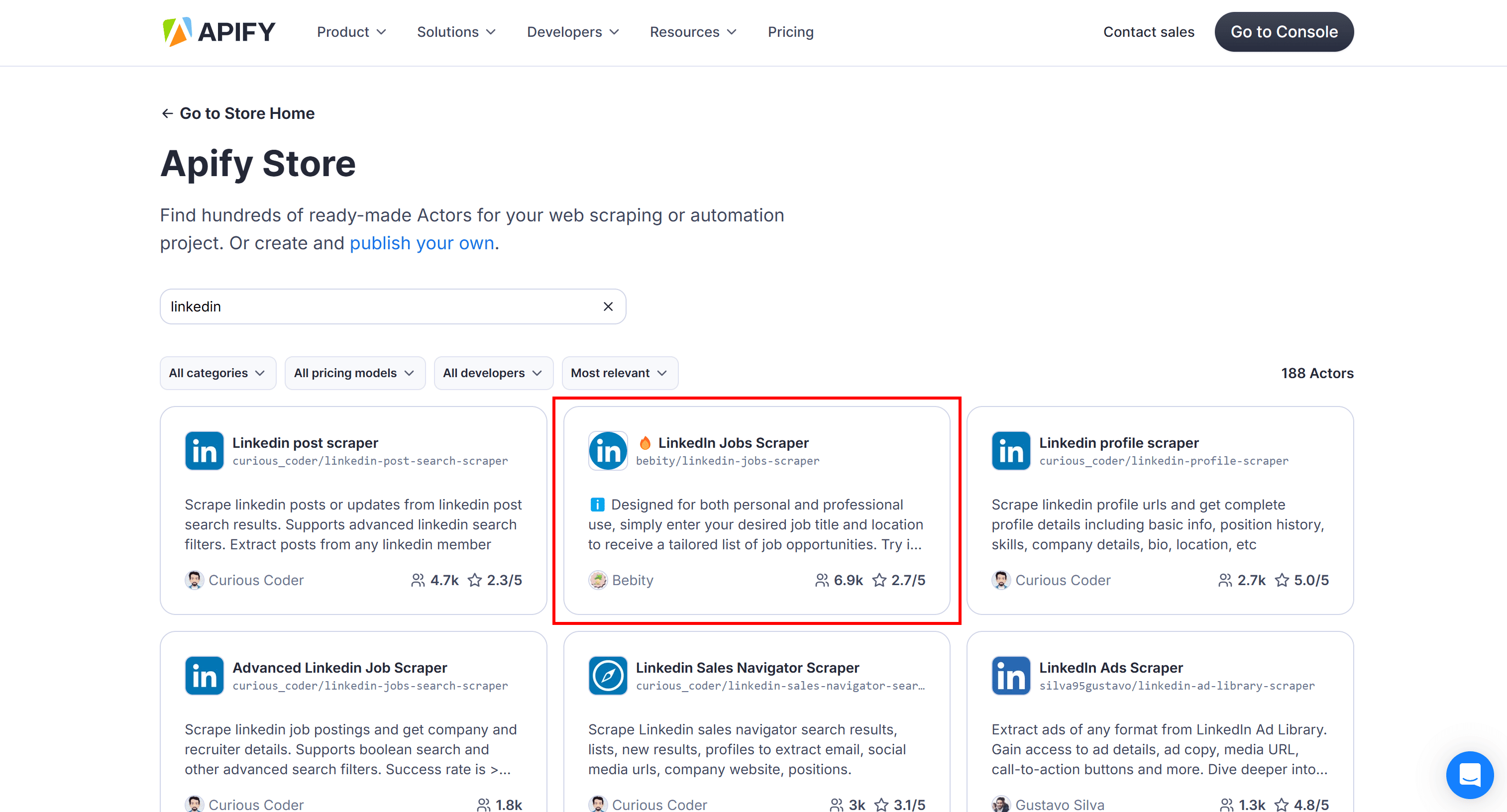 Selecting the “LinkedIn Jobs Scraper” Actor