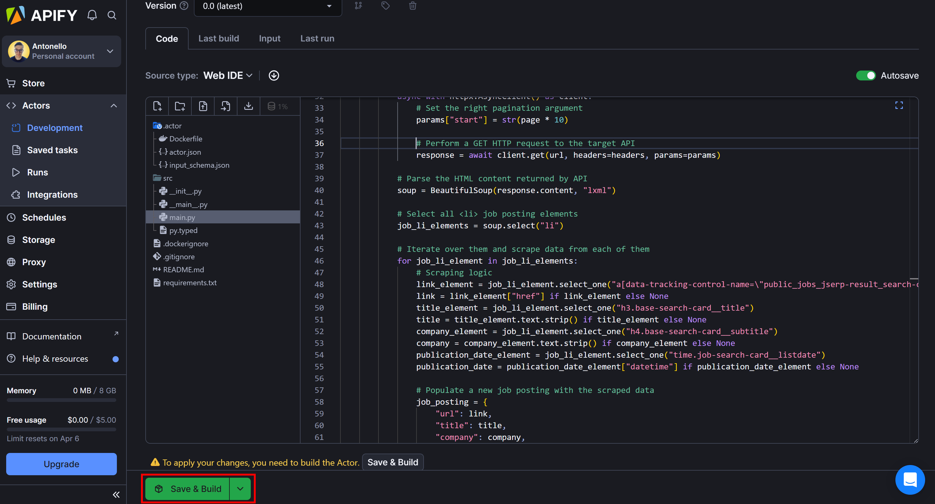 Pressing the “Save & Build” button