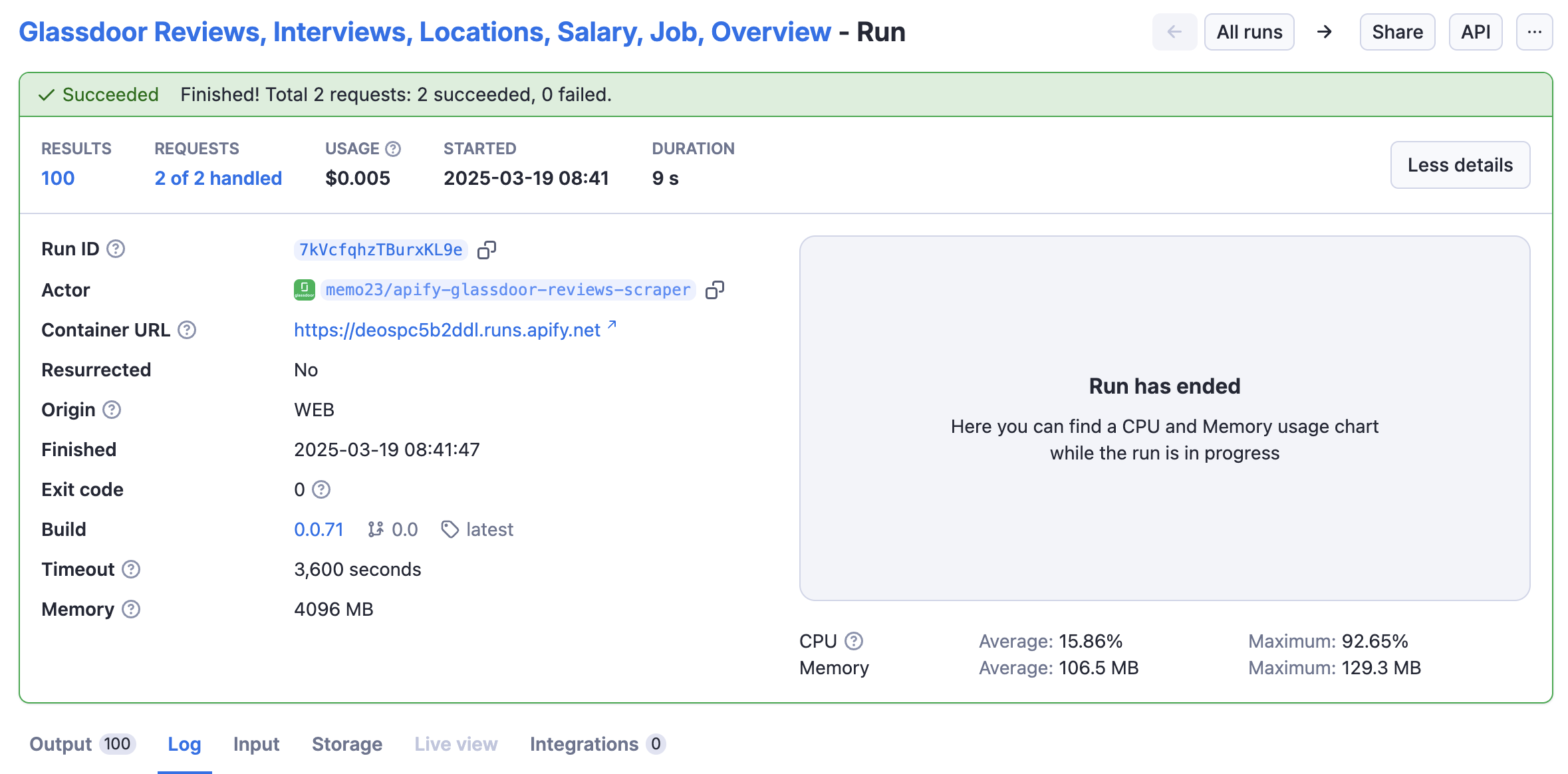 Scraped results after a successful run