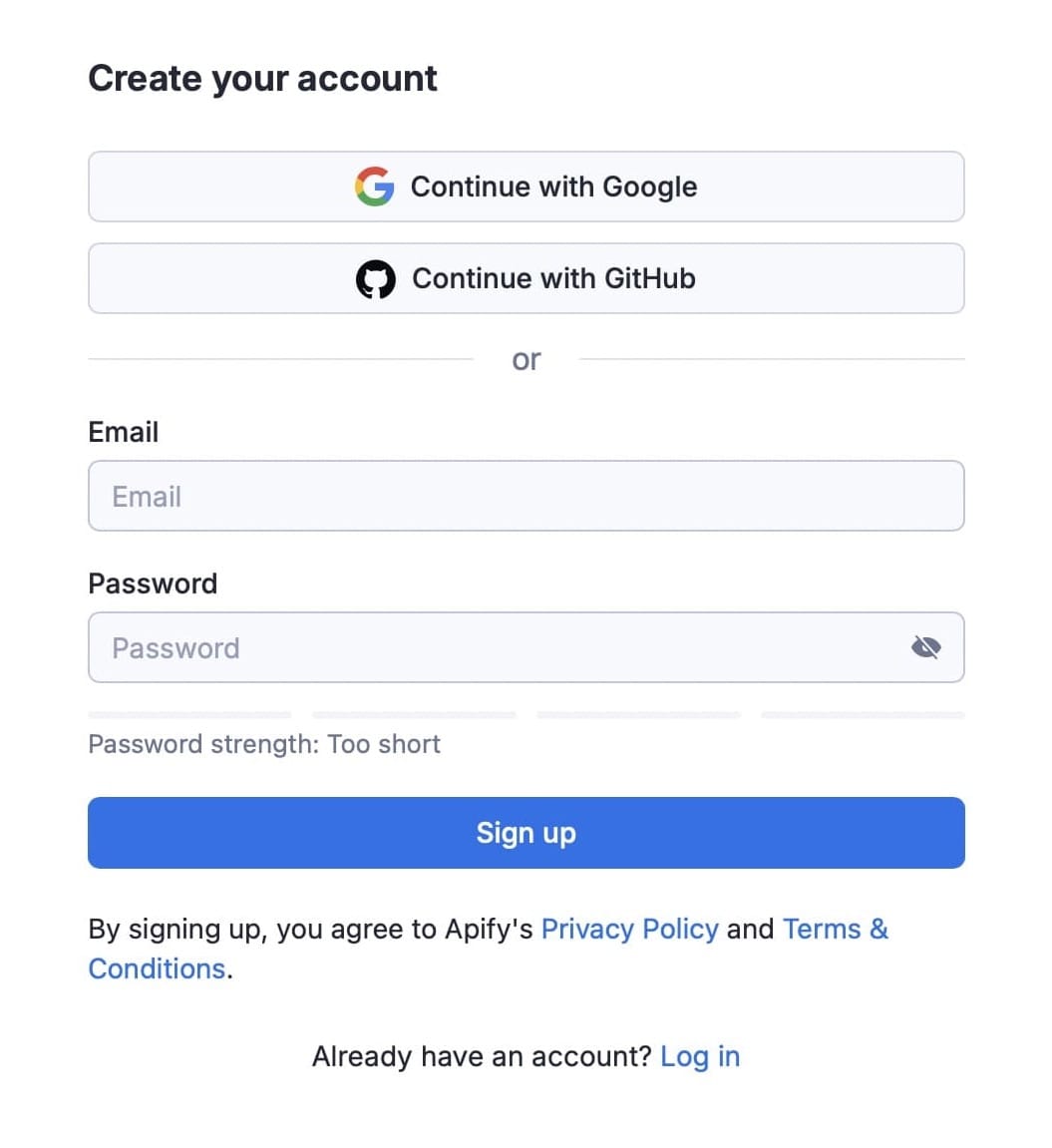 Apify's terms of use change to clickwrap as soon as a visitor decides to sign up