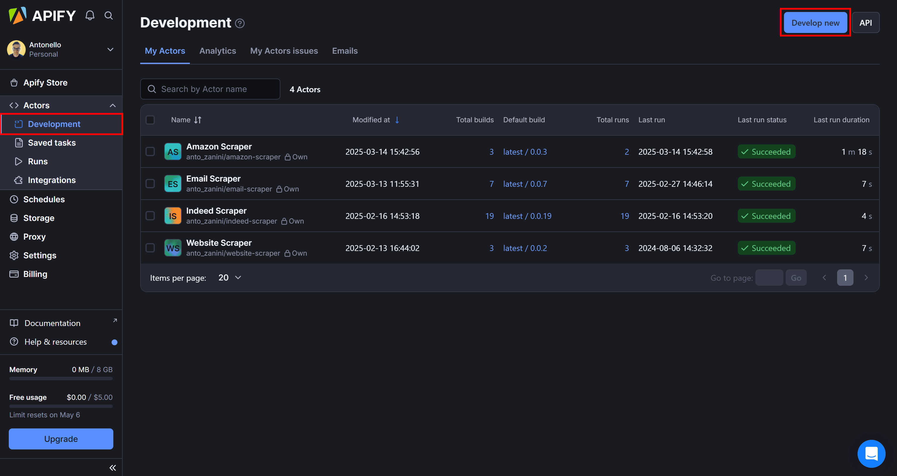 Clicking the “Develop new” button