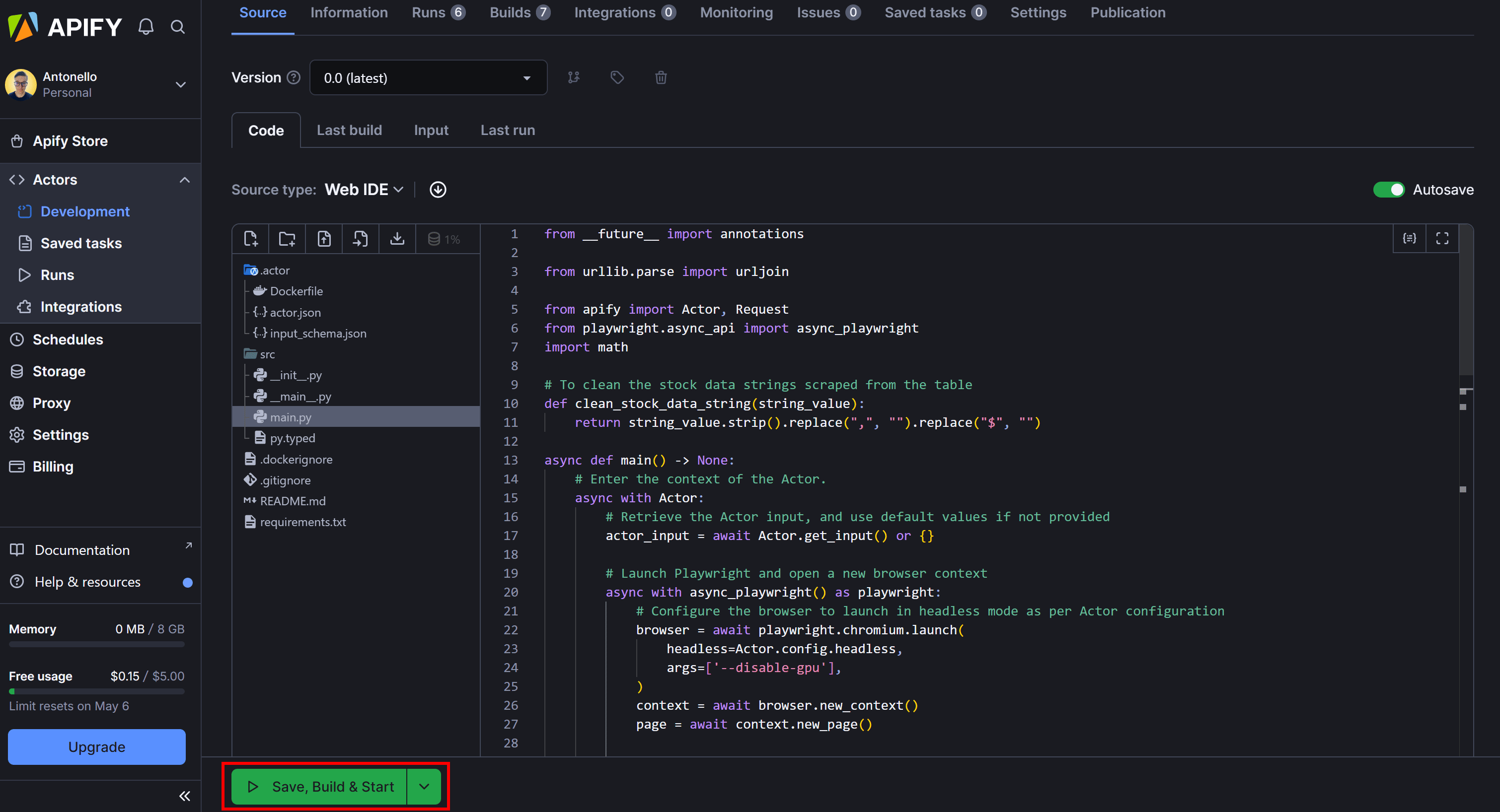Clicking the “Save, Build & Start” button