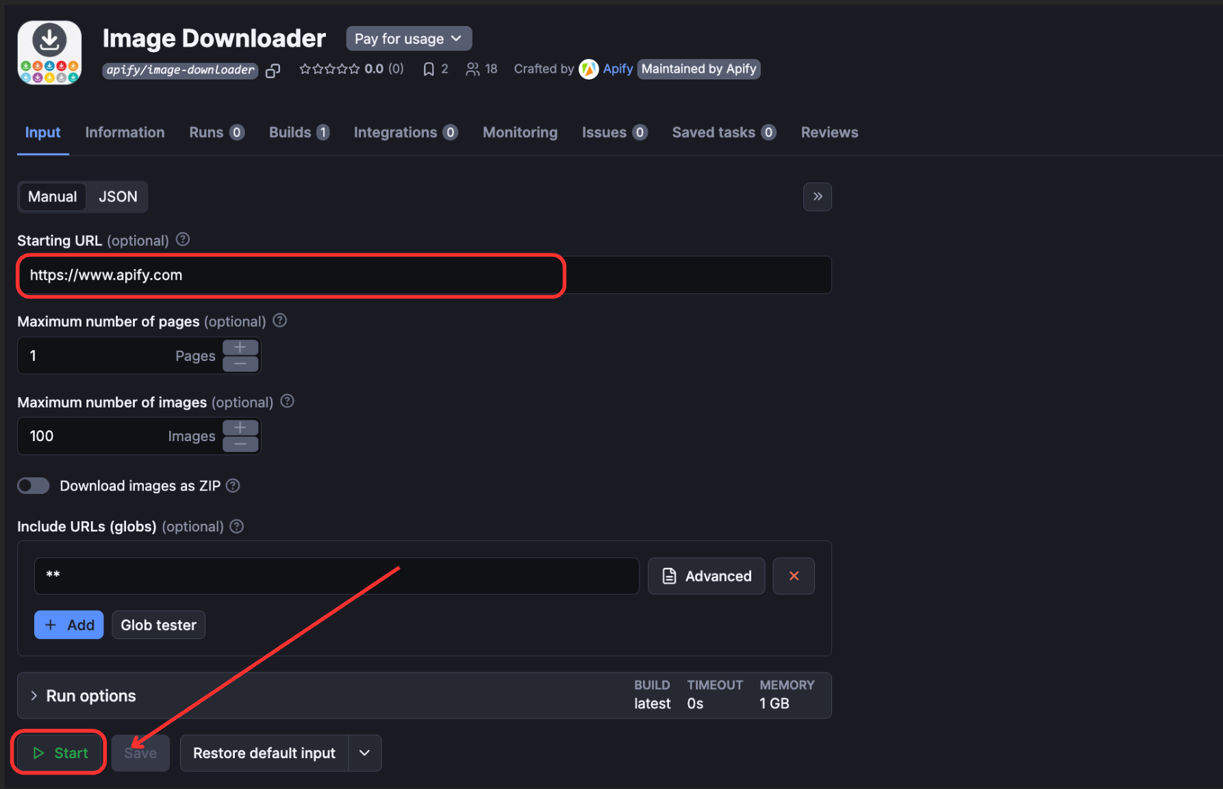 Image Downloader Apify Console
