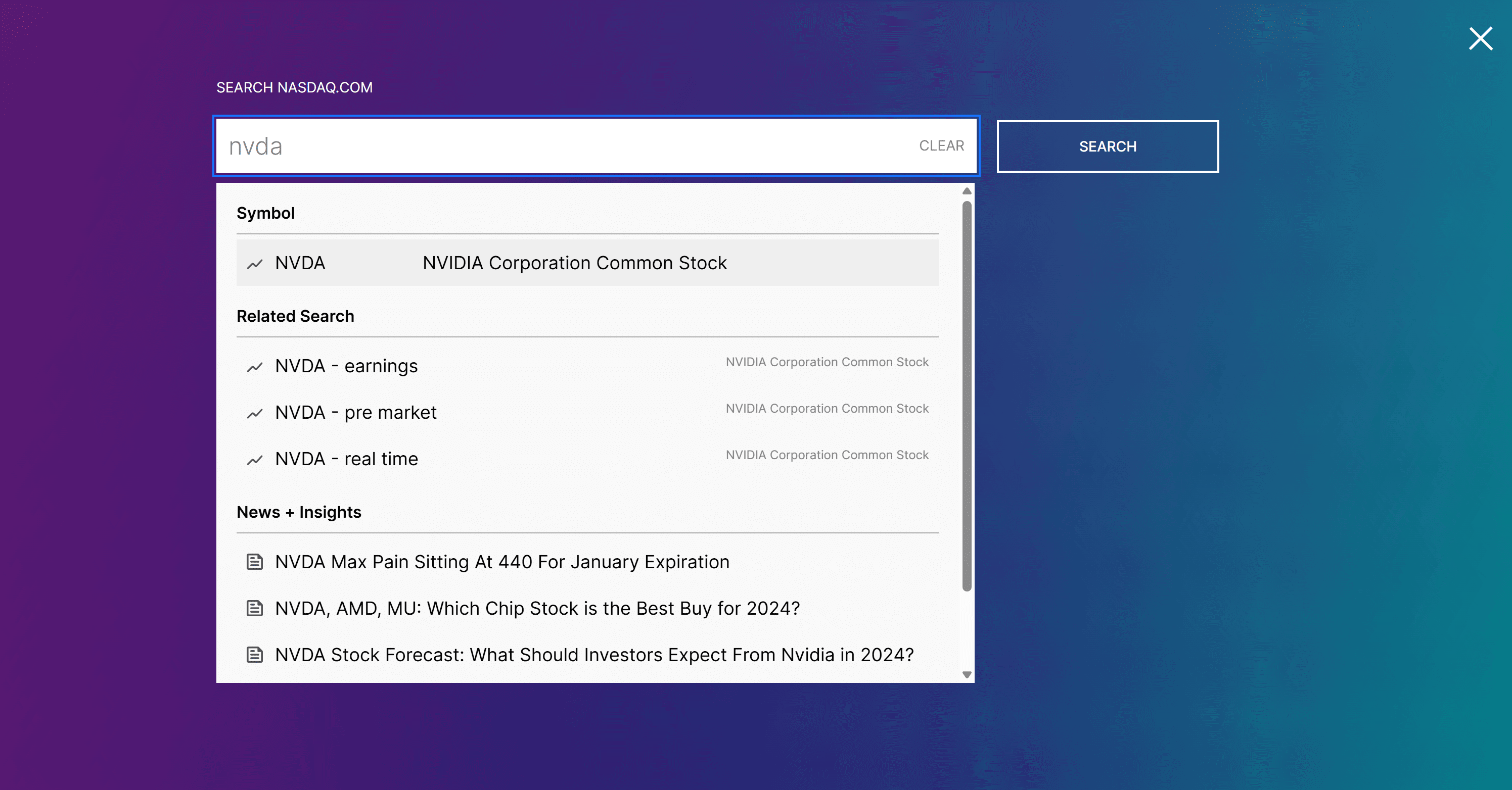 Searching for “NVDA” and selecting the NVDA stock page