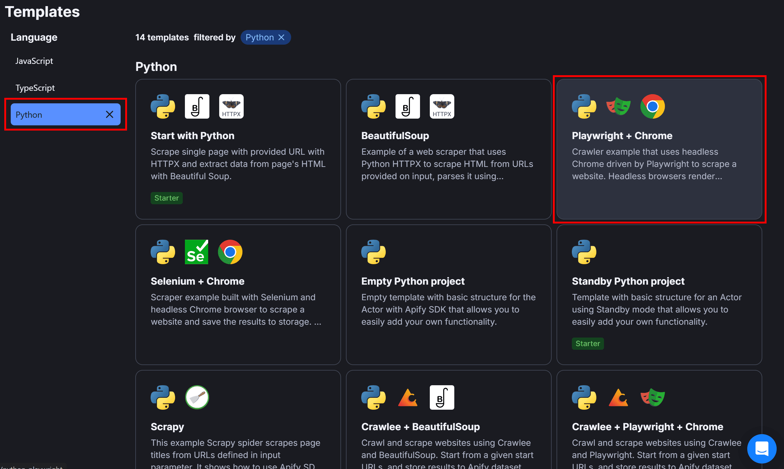 Selecting the “Playwright + Chrome” template