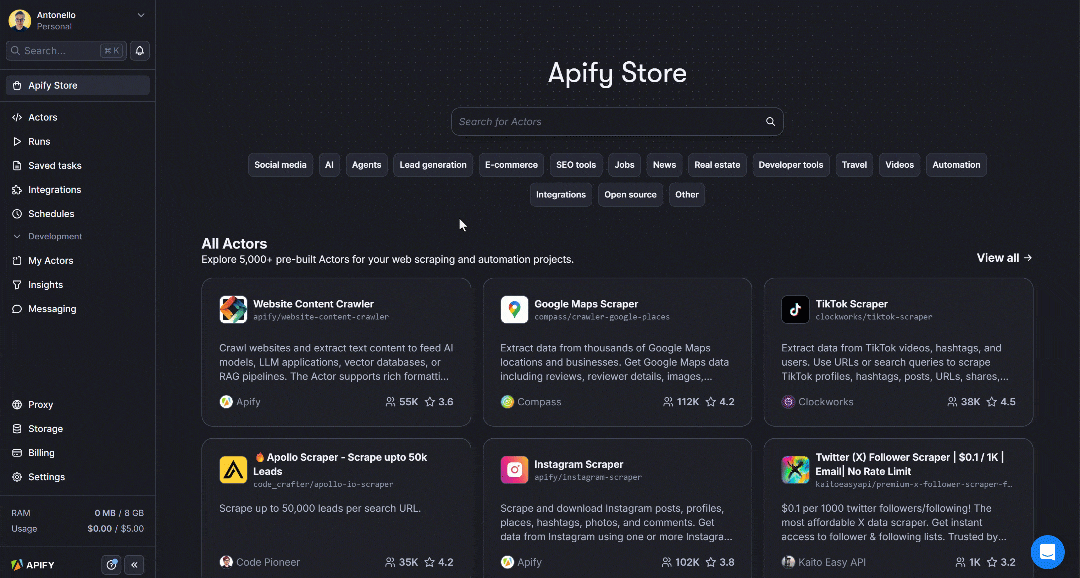 Searching for “Instagram” in Apify Store