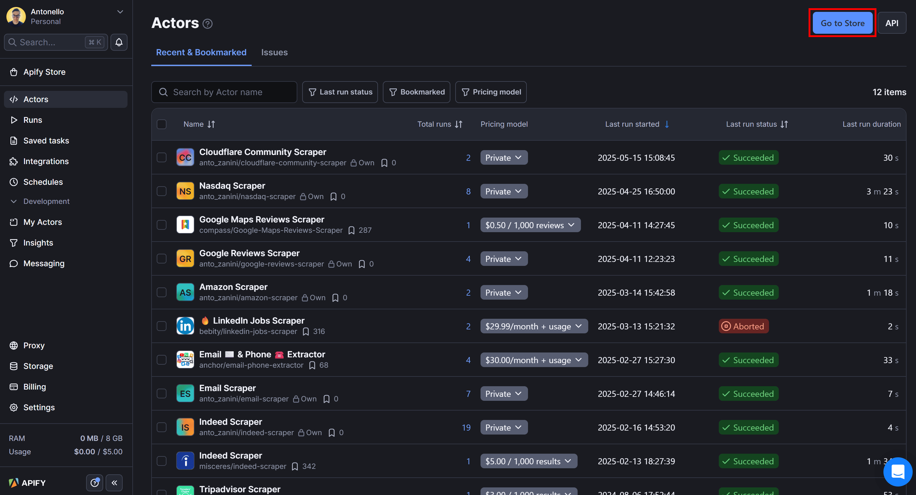 Clicking the “Go to Store” button in Apify Console