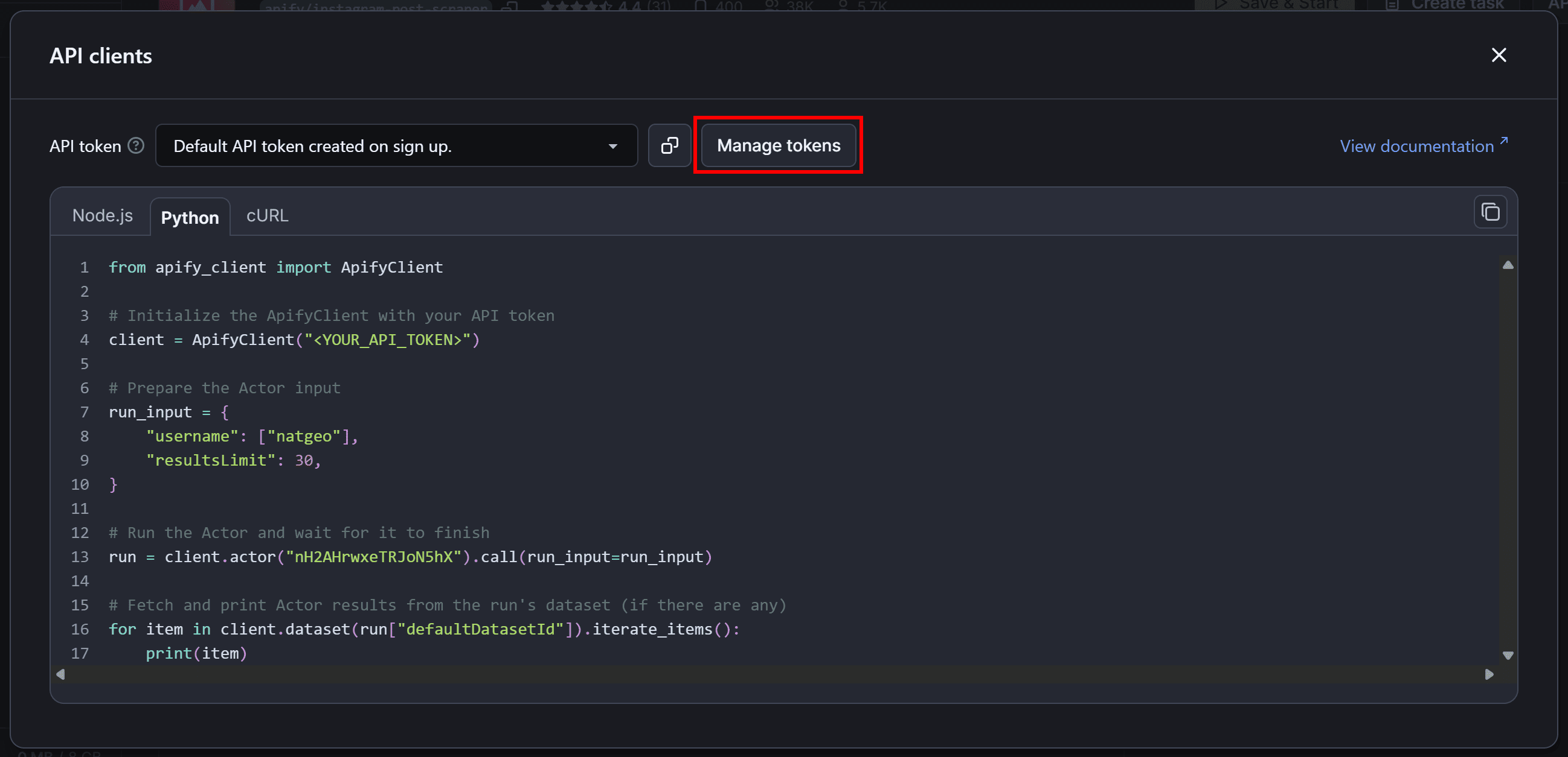 Clicking the “Manage tokens” option