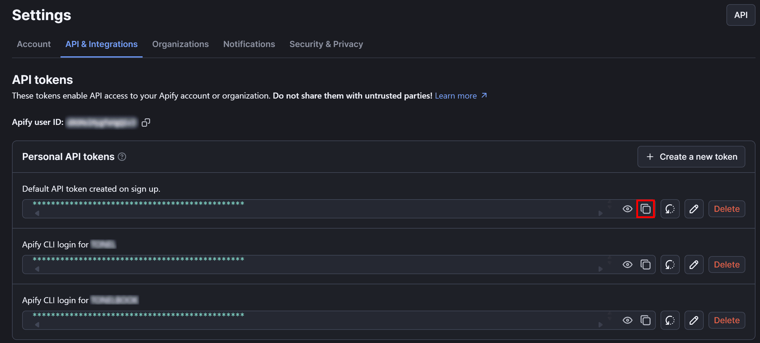 Copying your Apify API token