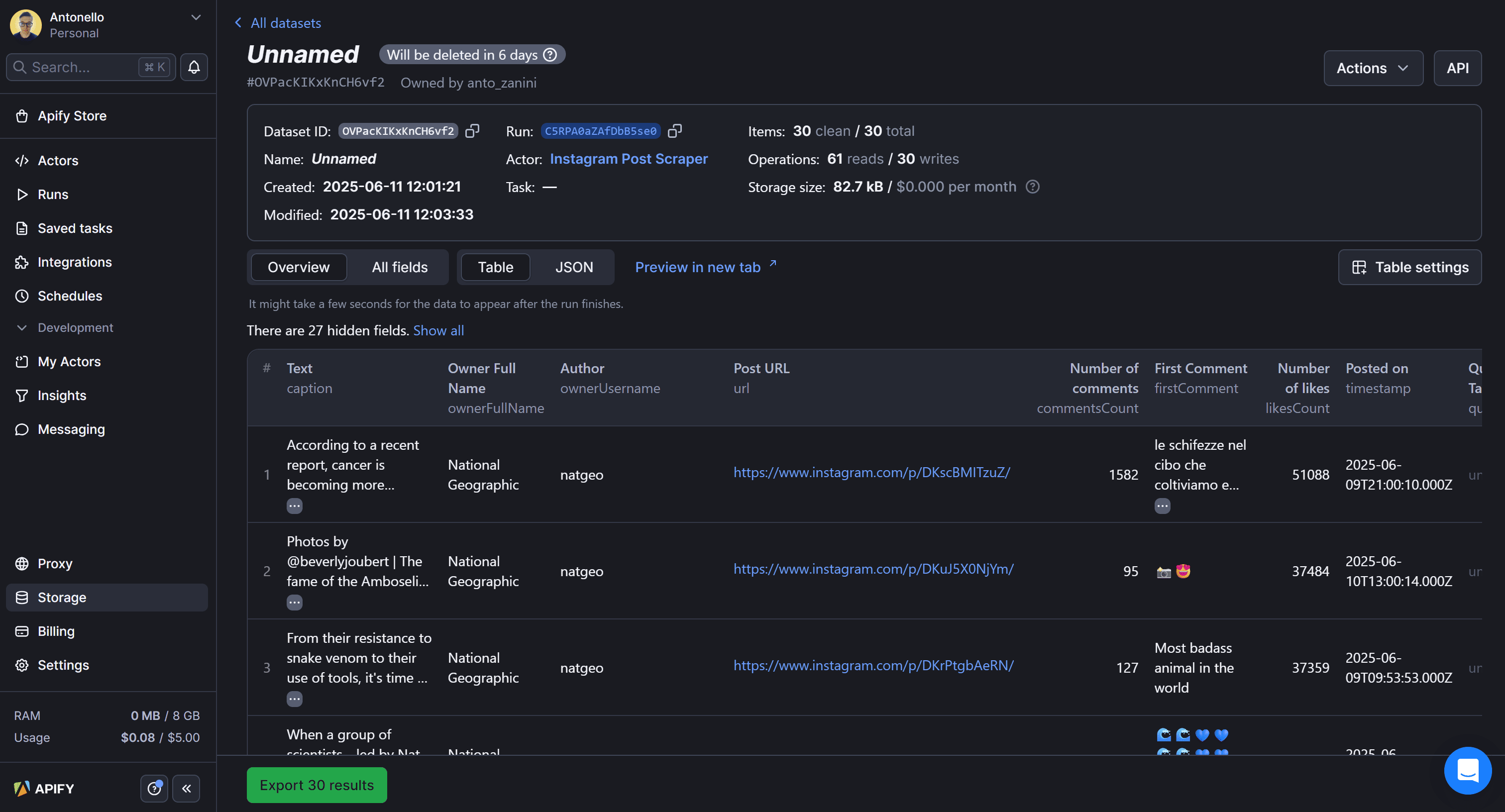 Exploring the scraped Instagram dataset on the Apify platform