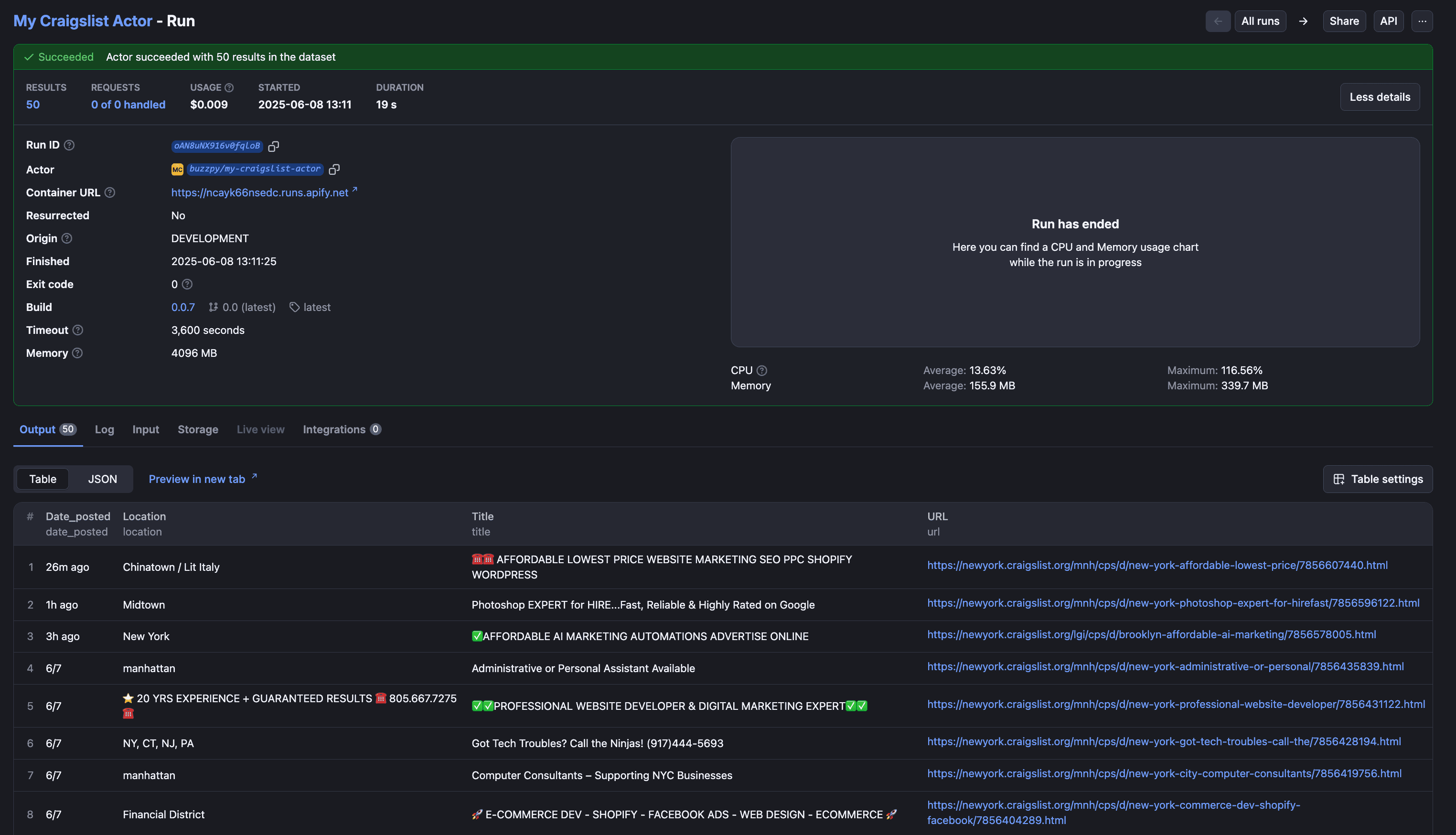 Python Craigslist scraper output on Apify Console