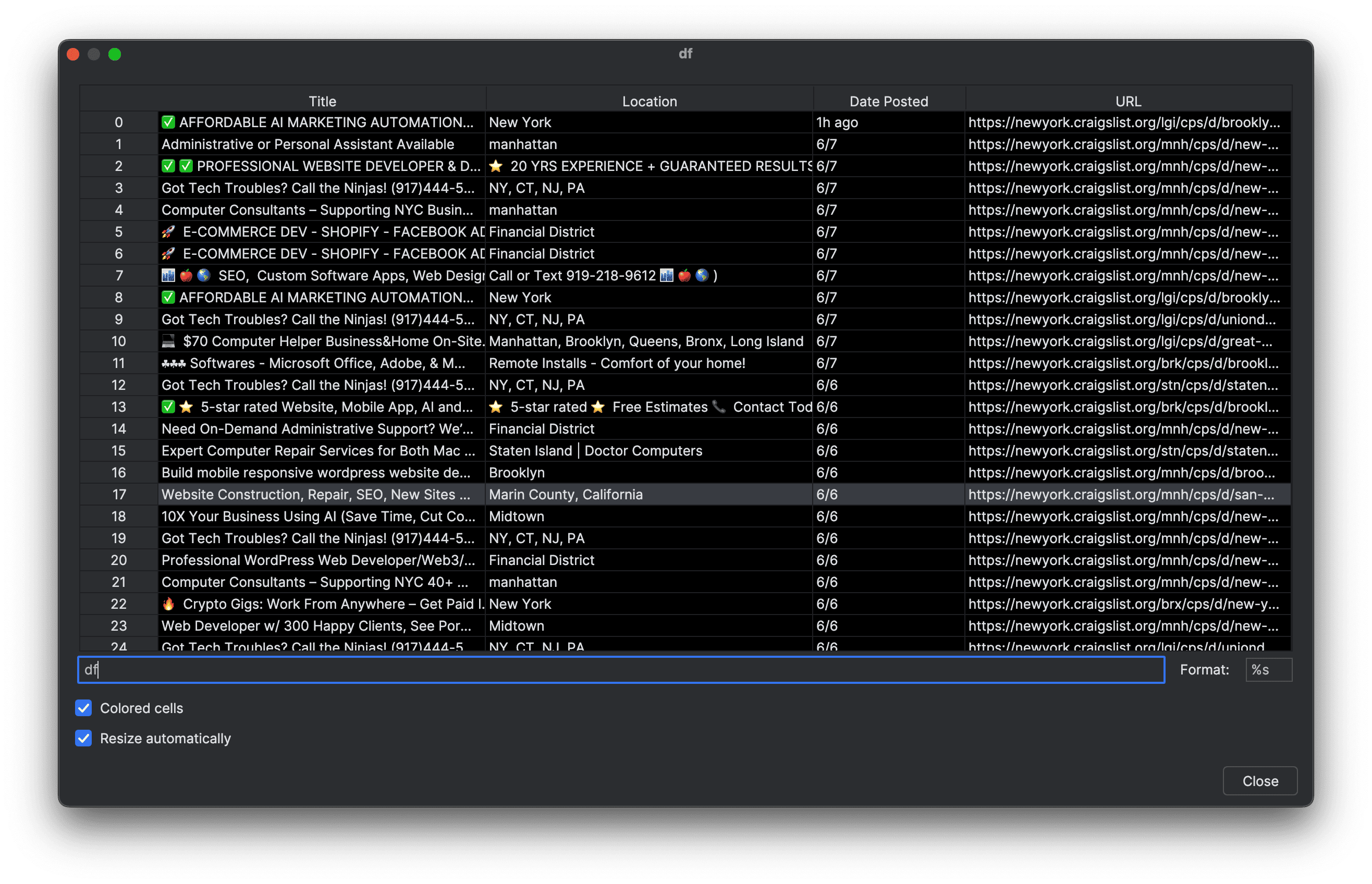 Python Craigslist scraper output
