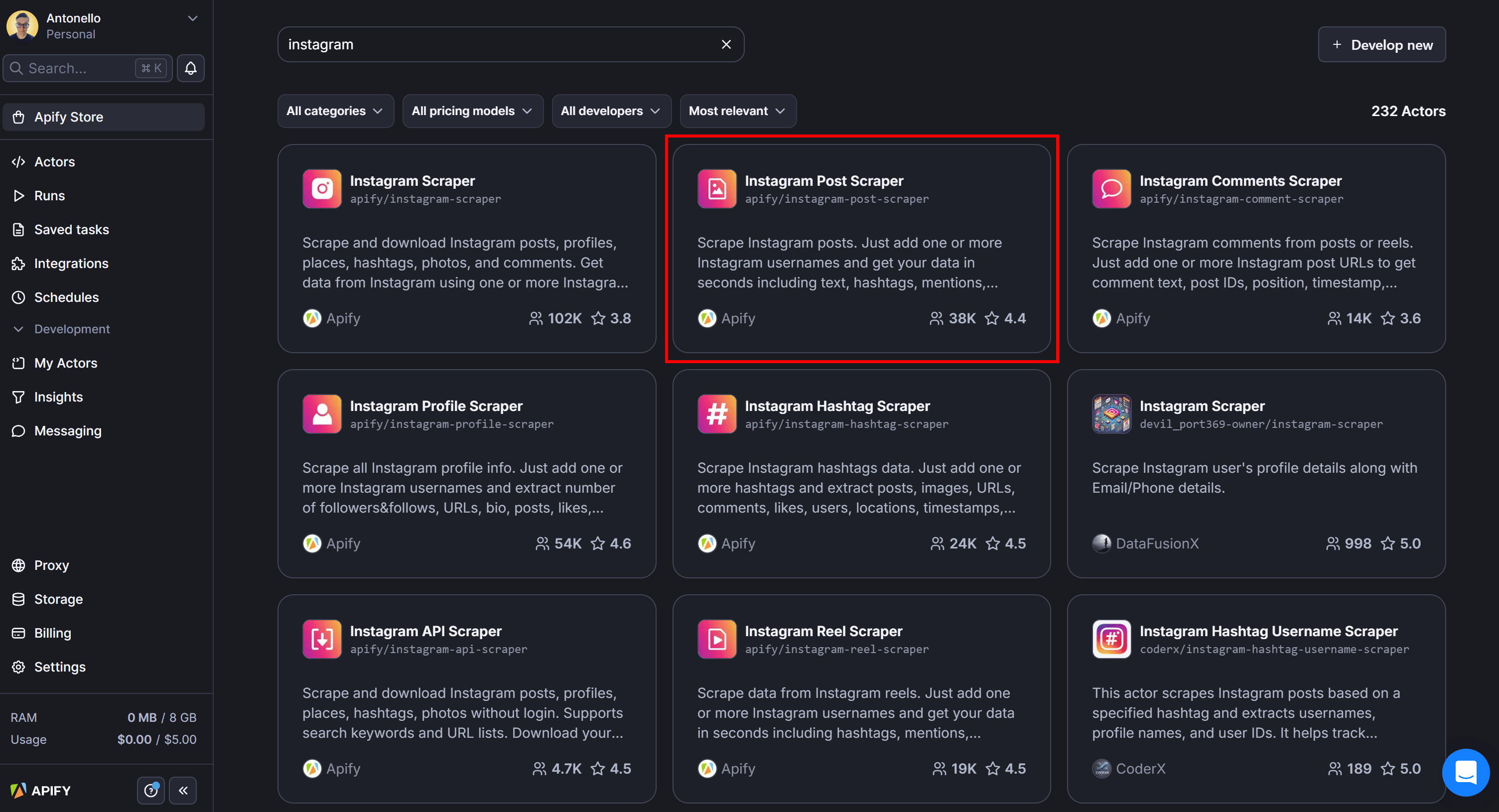 Selecting the “Instagram Post Scraper” Actor