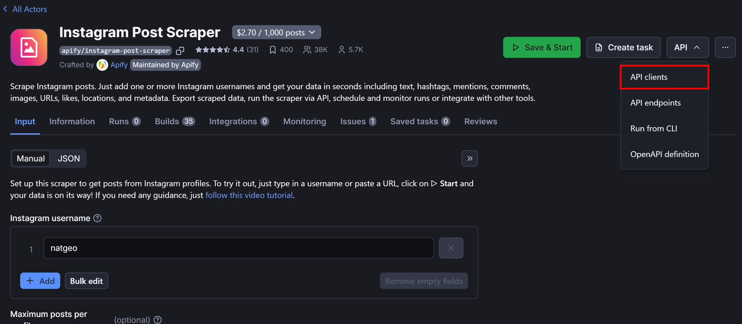 Selecting the API Client option