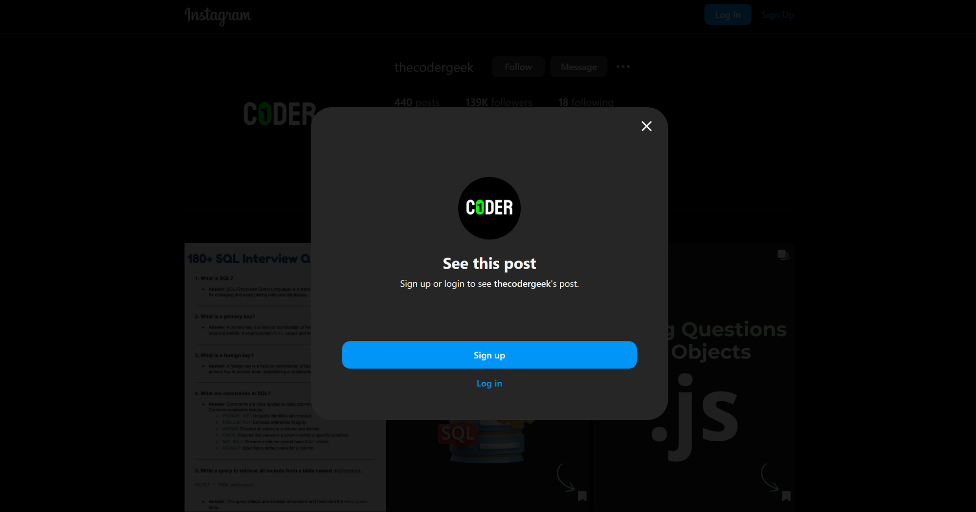 The Instagram post login modal