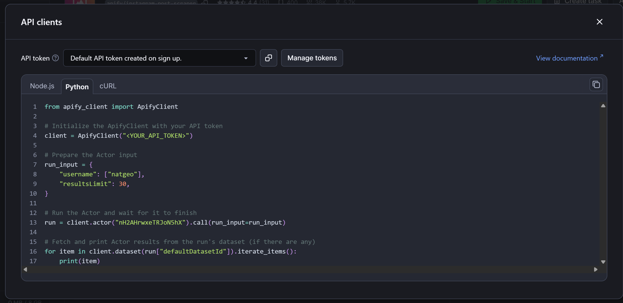 The Python code from the “API clients” modal