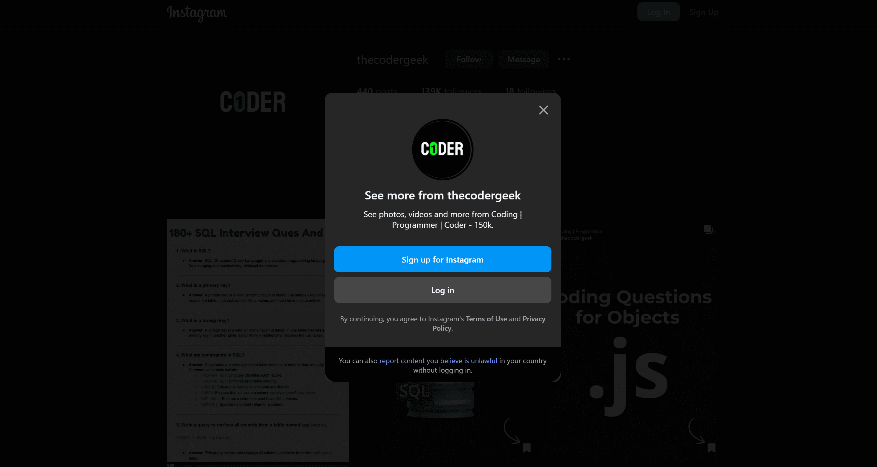 The login modal on a public Instagram page
